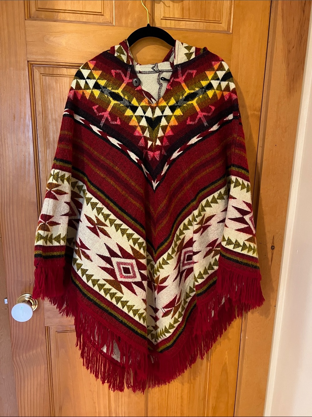 Red Multicolor Aztec Hooded Fringe Poncho